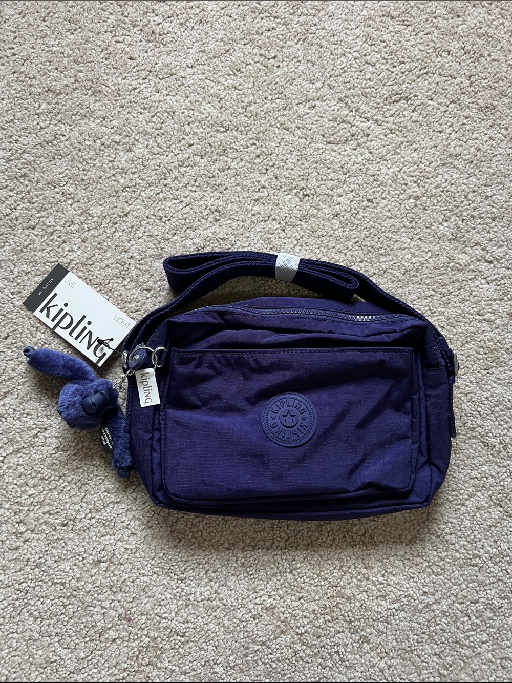 Kipling Deep Purple Nylon Crossbody Bag with Monkey Charm